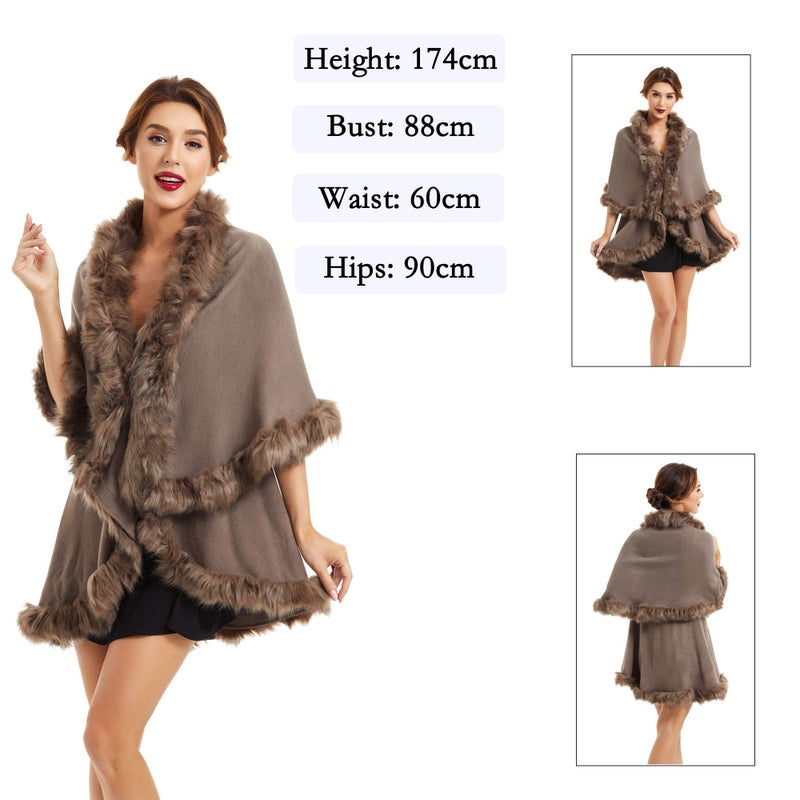 ZLYC Women Fine Knit Open Front Faux Fur Trim Layers Poncho Cape Cardigan Sweater, Khaki - Image 2